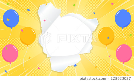 Perforated paper background frame, balloons, confetti, focus line decoration, sunburst 128923027