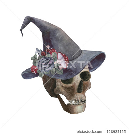 Scull gothic magical texture isolated on white background. Watercolor hand drawn esoterics sketch skull illustration. Art for design halloween, for day of the dead, Dia de los muertos 128923135