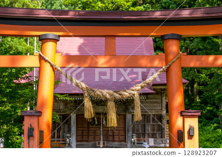 The torii gate and shimenawa rope of Taki Shrine, with the worship hall visible in the background 128923207