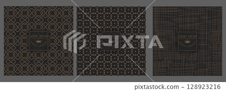 A set of gold abstract patterns on a black background. Template for packaging design, cover, invitation, banner and creative idea A set of gold abstract patterns on a black background. Template for packaging design, cover, invitation, banner and creative idea 128923216
