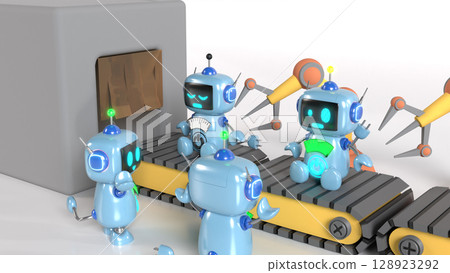 Illustration of a factory where cute blue robots are produced Illustration of a factory where cute blue robots are produced 128923292