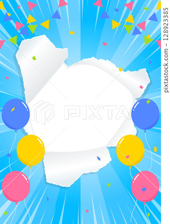Perforated paper background frame, balloons, confetti, garland, concentrated line decoration, sunburst Perforated paper background frame, balloons, confetti, garland, concentrated line decoration, sunburst 128923385