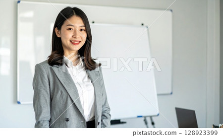 會議室裡一位姿態端正的商務女士的特寫鏡頭 會議室裡一位姿態端正的商務女士的特寫鏡頭 128923399