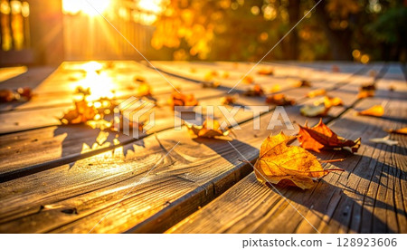 Golden hour landscape with wooden floor and fallen leaves 128923606