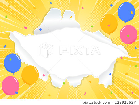 Perforated paper background frame, balloons, confetti, focus line decoration, sunburst Perforated paper background frame, balloons, confetti, focus line decoration, sunburst 128923627
