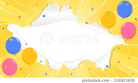 穿孔紙背景框、氣球、五彩紙屑、集中線裝飾、旭日 穿孔紙背景框、氣球、五彩紙屑、集中線裝飾、旭日 128923630