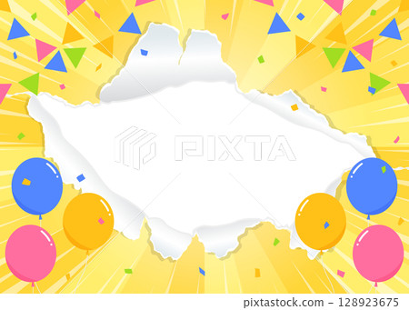 Perforated paper background frame, balloons, confetti, garland, concentrated line decoration, sunburst Perforated paper background frame, balloons, confetti, garland, concentrated line decoration, sunburst 128923675