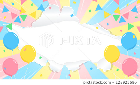 穿孔紙背景框、氣球、五彩紙屑、花圈、集中線裝飾、旭日 128923680