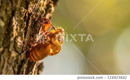 樹皮上的蟬殼預示著夏天的結束 樹皮上的蟬殼預示著夏天的結束 128923682