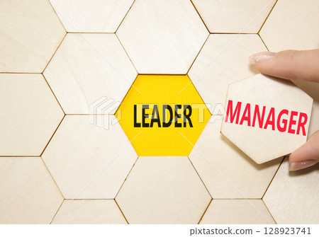 Leader or Manager symbol. Concept word Leader or Manager on wooden comb puzzle. Businessman hand. Beautiful yellow background. Business and Leader or Manager concept. Copy space Leader or Manager symbol. Concept word Leader or Manager on wooden comb puzzle. Businessman hand. Beautiful yellow background. Business and Leader or Manager concept. Copy space 128923741