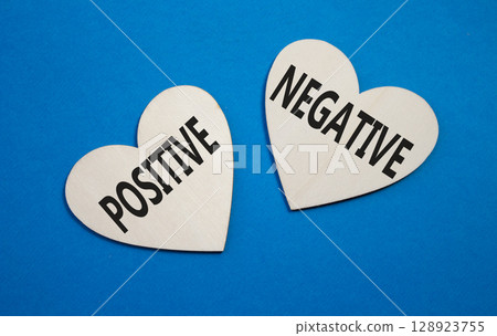 Positive or Negative symbol. Concept word Positive or Negative on wooden hearts. Beautiful blue background. Business and Positive or Negative concept. Copy space 128923755
