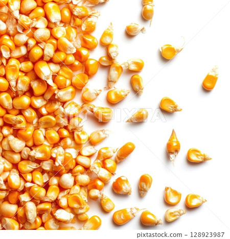 Close-Up of Bright Yellow Corn Kernels on White Background 128923987