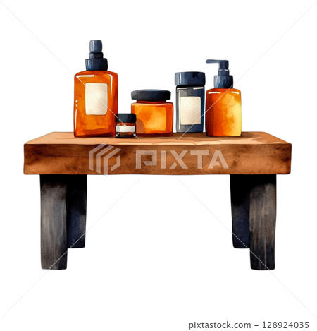 Elegant Display of Skincare Containers on Rustic Wooden Table in Warm Tones Elegant Display of Skincare Containers on Rustic Wooden Table in Warm Tones 128924035