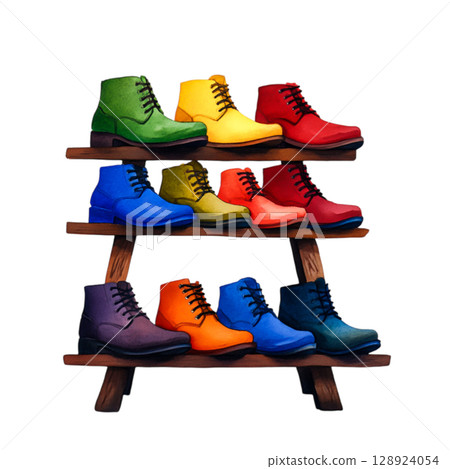 Colorful Shoes Displayed on Wooden Shelves in Artistic Illustration Style 128924054