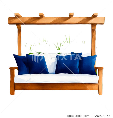 Cozy Wooden Swing Bed with Blue Cushions Surrounded by Lush Greenery for Relaxation Cozy Wooden Swing Bed with Blue Cushions Surrounded by Lush Greenery for Relaxation 128924062