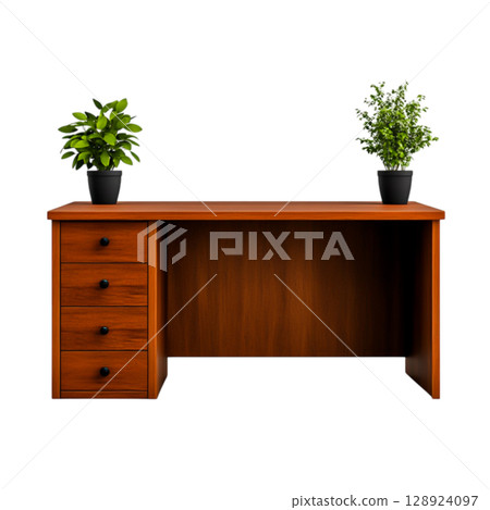 Modern Wooden Desk with Potted Plants in Minimalistic Workspace Design 128924097