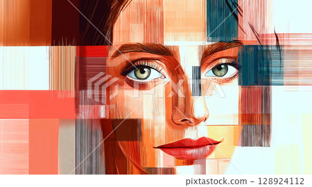 Woman face emerging from abstract geometric shapes 128924112