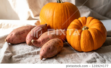 布料上的秋色南瓜和地瓜 128924177