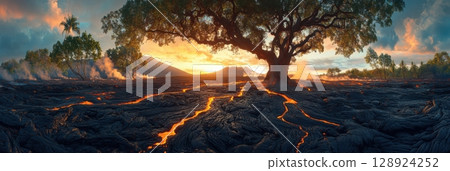 Majestic Tree Lava Flow Sunset Dramatic Volcanic Landscape Nature Scene hot red sky day art fire 128924252