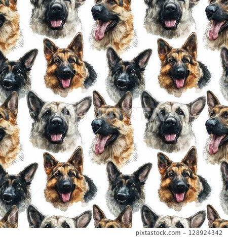 Cute German Shepherd Dog Faces Seamless Pattern in Pastel Tones with Soft Textures and Light Shadows Hand Painted Style 128924342