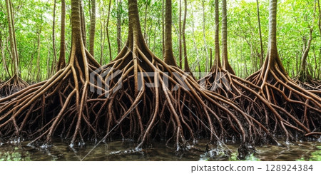 Mangrove Forest Roots Intricate Network Nature Scene Tropical Ecosystem Lush Green Canopy Wood Dark 128924384