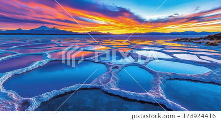 Stunning Sunset over Salt Flats Scenic Landscape Vivid Colors Mountain Range Reflection Beautiful 128924416
