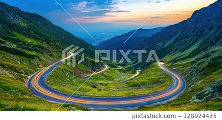 Stunning Mountain Road Winding Through Lush Green Landscape Scenic View Transfagarasan Highway 128924435