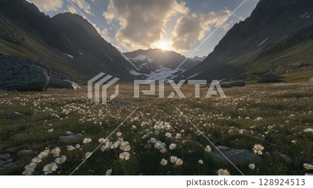 Majestic Mountain Meadow Sunset Serene Alpine Flowers Wildflower Landscape Breathtaking Nature 128924513