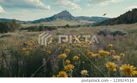 Wildflower Meadow Scenic Landscape Summer Butte Montana Nature sky calm hills field flora bloom 128924514