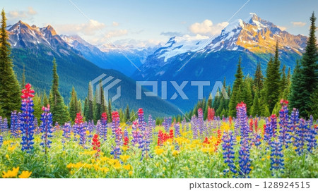 Vibrant Wildflower Meadow Stunning Mountain Peak Landscape Nature Photography red blue view green 128924515