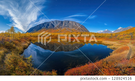 Autumn Mountain Lake Reflection Scenic Landscape Beautiful Nature Fall Colors Vivid Sky Red View 128924516