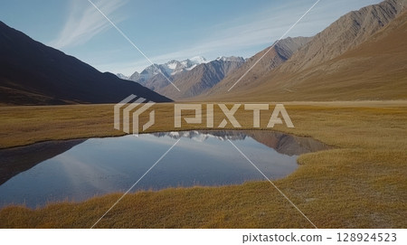 Serene Mountain Lake Reflection Peaceful Autumn Landscape Scenery Nature Beauty Tranquil sky view 128924523