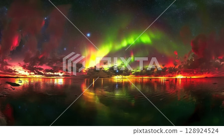 Stunning Aurora Borealis Night Sky Landscape Reflection Red Green Colors Dark Lake Wide View Water Stunning Aurora Borealis Night Sky Landscape Reflection Red Green Colors Dark Lake Wide View Water 128924524