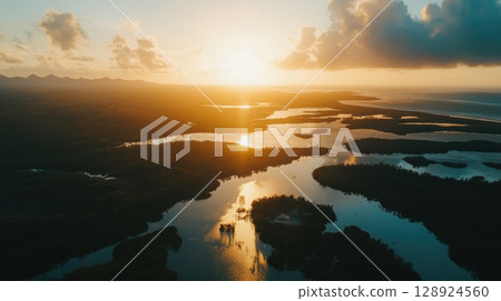 Aerial View Golden Sunset Tropical River Landscape Scenic Nature Island sky day ocean water beach 128924560