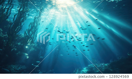 Underwater Scene Sunlight Rays Fish School Ocean Deep Blue Sea Life Reef Kelp Coral Image Marine 128924569