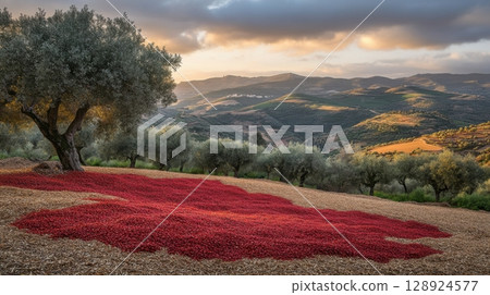 Stunning Sunset Landscape Red Berries Olive Trees Hilly Terrain Rural Scene sky view hour rays photo 128924577