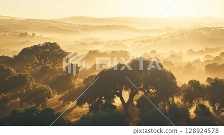 Golden Sunrise Misty Forest Landscape Scenic View Nature Photography fog oaks calm rays haze trees Golden Sunrise Misty Forest Landscape Scenic View Nature Photography fog oaks calm rays haze trees 128924578