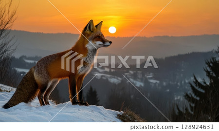 Majestic Red Fox Sunset Winter Landscape Wildlife Photography sky snow view cold dark hill image 128924631