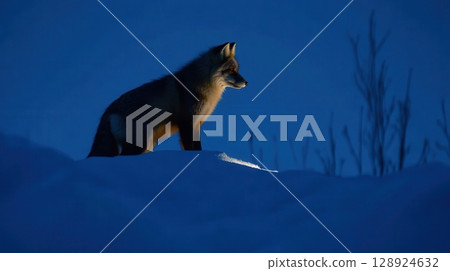 Majestic Red Fox Winter Night Snow Scene Wildlife Photography cold blue dark hunt woods image sharp 128924632