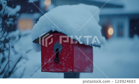 Snowy Winter Scene Red Mailbox Cold Season Postcard Winter Wonderland Festive Holiday Season 128924683