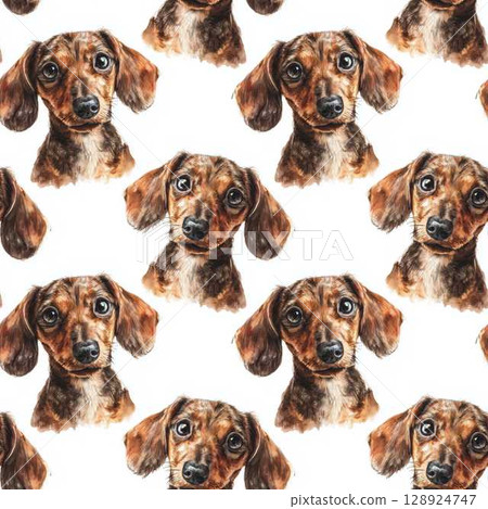Cute Dachshund Dog Faces Seamless Pattern in Pastel Tones Hand Painted Style on White Background 128924747