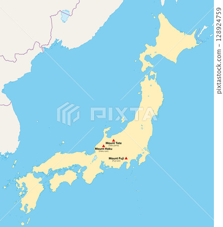 Three Holy Mountains of Japan, Sanraizan, map. All three located on Honshu in Central Japan, and revered by tradition. Mount Fuji or also Fuji-san, Mount Haku or Haku-san, and Mount Tate or Tate-yama. 128924759