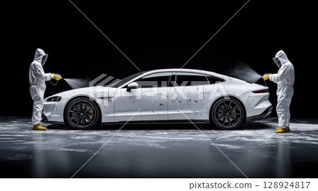 White luxury electric car receiving sterile cleaning by two safety-suited workers 128924817
