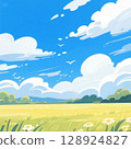 帶有草地和雲彩的風景背景插圖 128924827