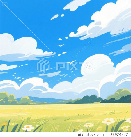 帶有草地和雲彩的風景背景插圖 128924827
