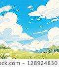草地、白雲和天空的風景插圖 128924830