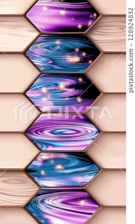 Abstract geometric pattern with vibrant purple and blue swirls and stars 128924832