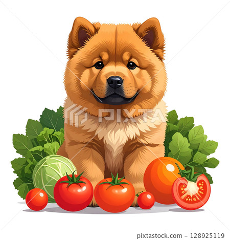 Illustration 4 of summer vegetables and Chow Chow puppies / flyer and poster material 128925119