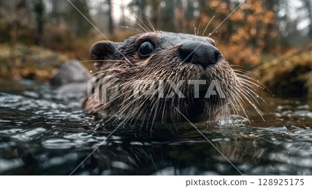 A curious wild otter with wet fur and prominent whiskers peeking from the water surface. 128925175