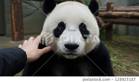 A human hand gently touches the fur of a giant panda's face, creating a sweet moment. 128925187